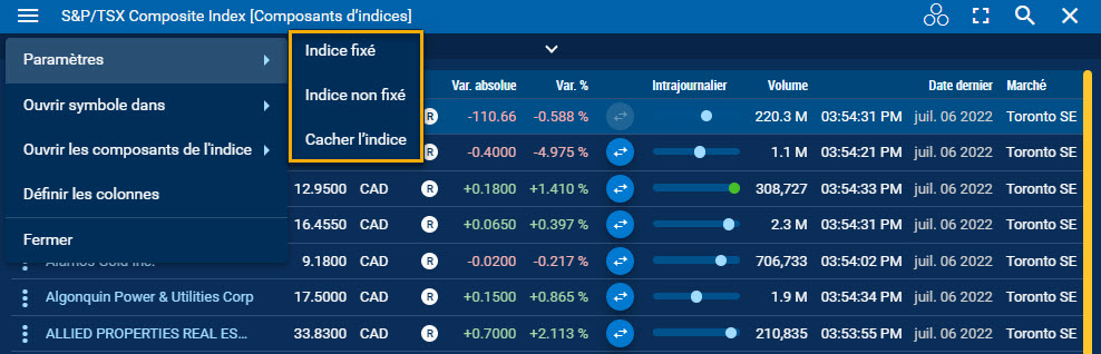 Paramètres du widget composants d’indice